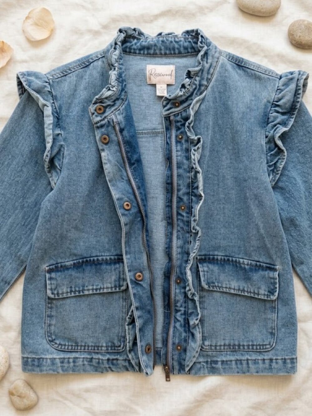 Rosewood Light Wash Distressed Ruffle Denim Jacket - Size Large
